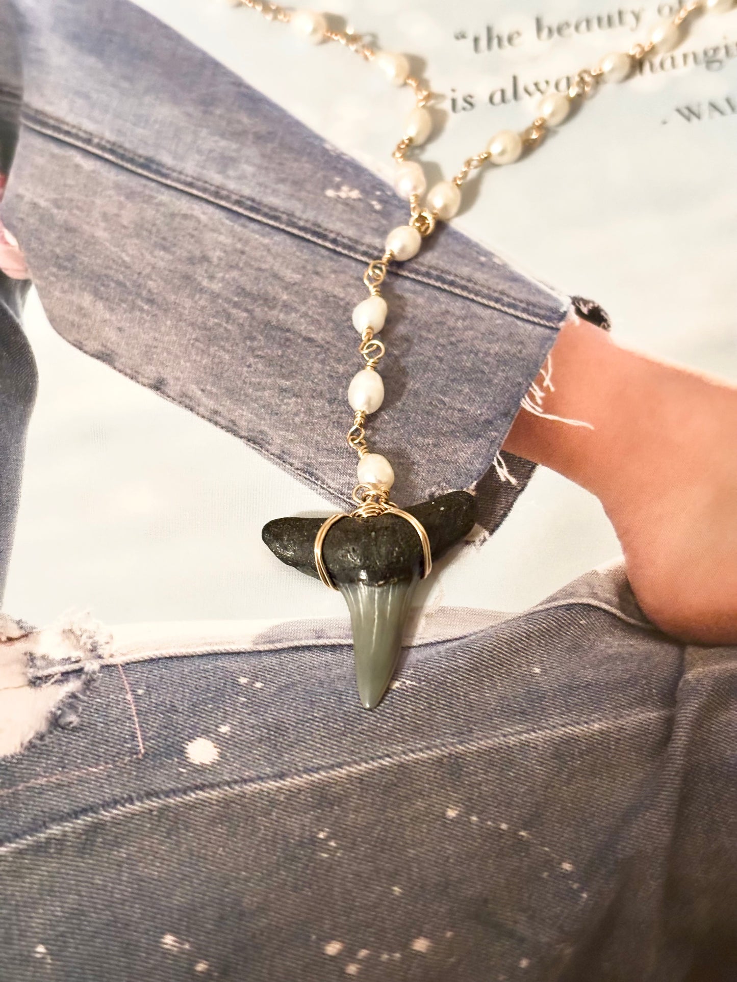 Shark Tooth Lariat Pearl Necklace